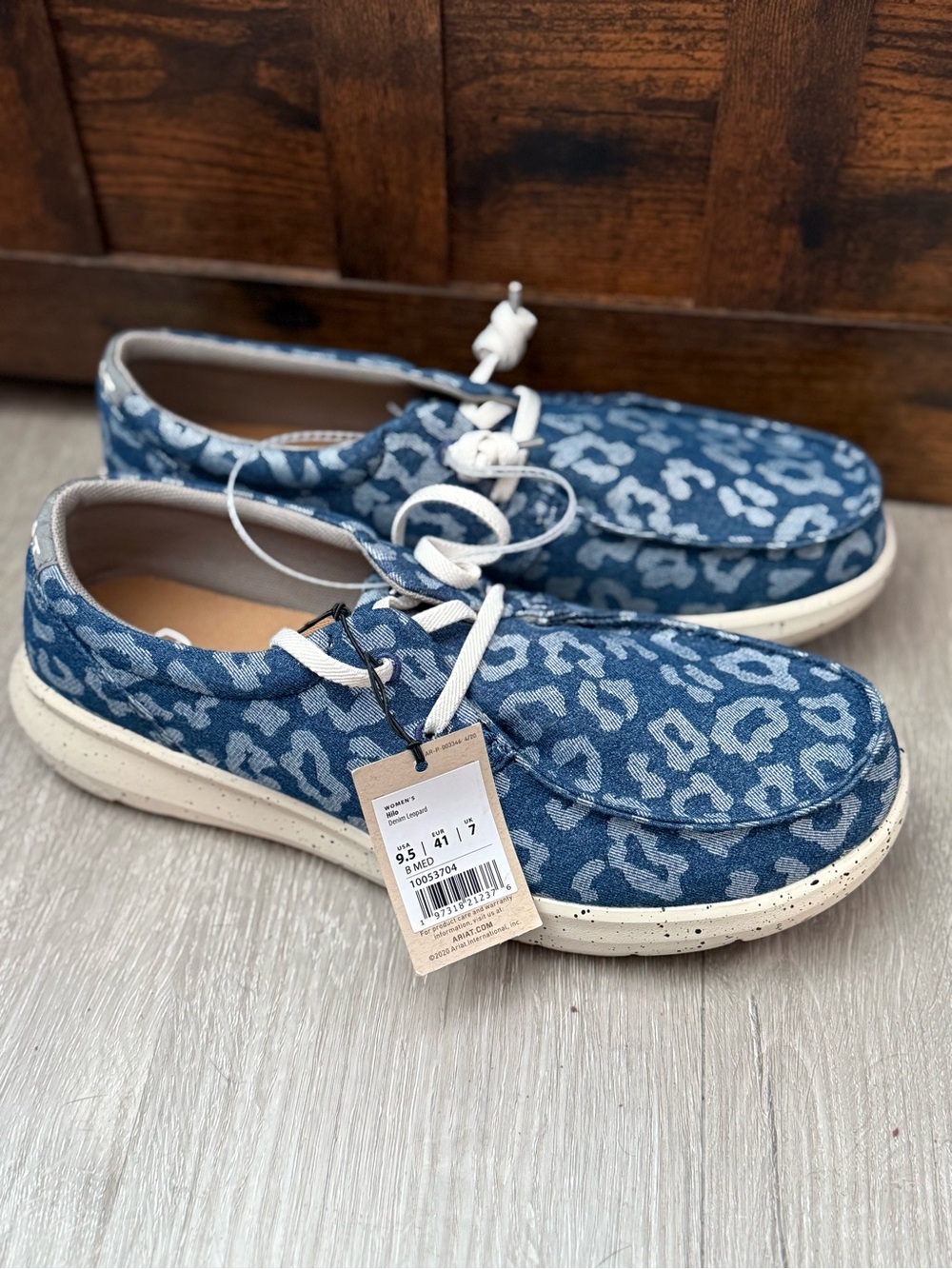 Ariat Blue Leopard Denim Moccasins with Cream Soles